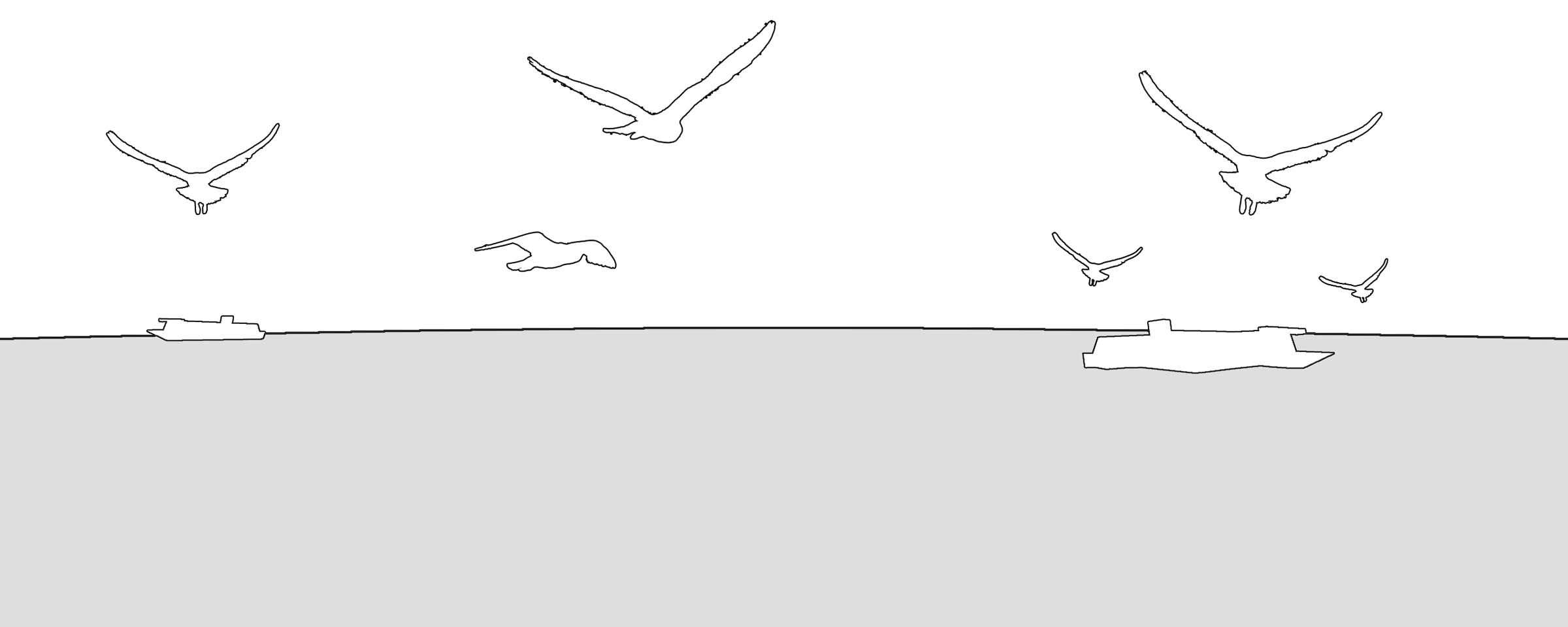 greyscale illustration of seagulls flying around with two ships in the background