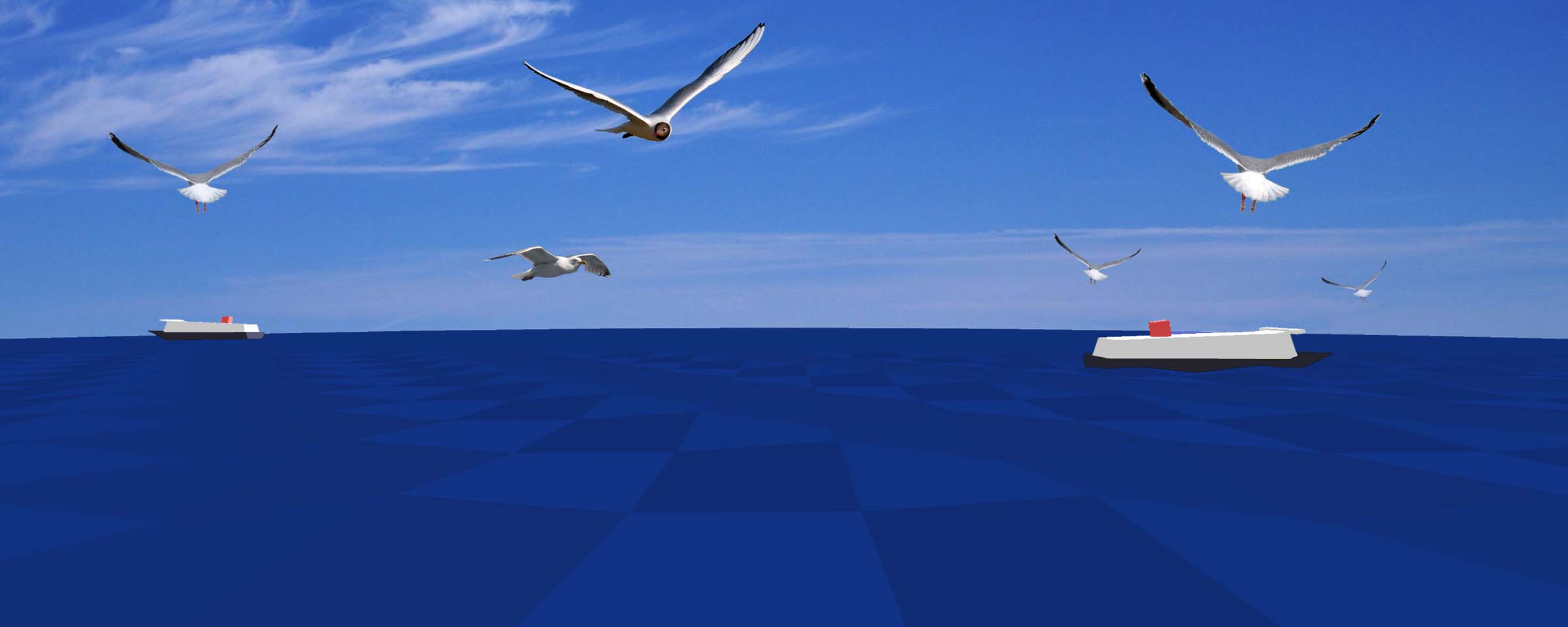 colour illustration of seagulls flying around with two ships in the background