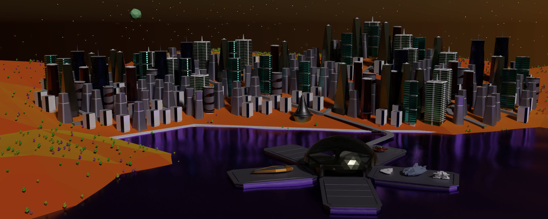 city skyscrapers in an alien landscape, set behind the shore of a lake, with a spaceport featured nearby akin to a wharf