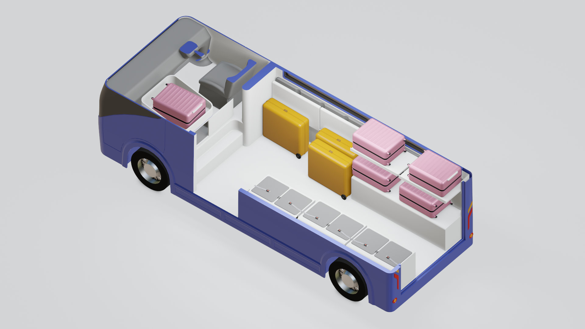 3D render of a van with foldable seats, shown from above. Some suitcases are placed in front of and on top of seats, that are folded upward to function as shelving.