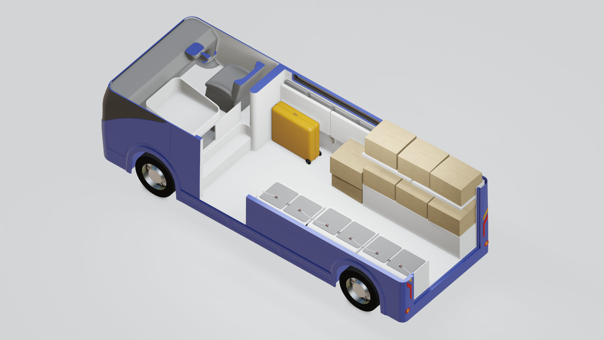 3D render of a van with foldable seats, shown from above. Cargo boxes are placed in the rear of the cabin, while the front half is suitable for passengers.