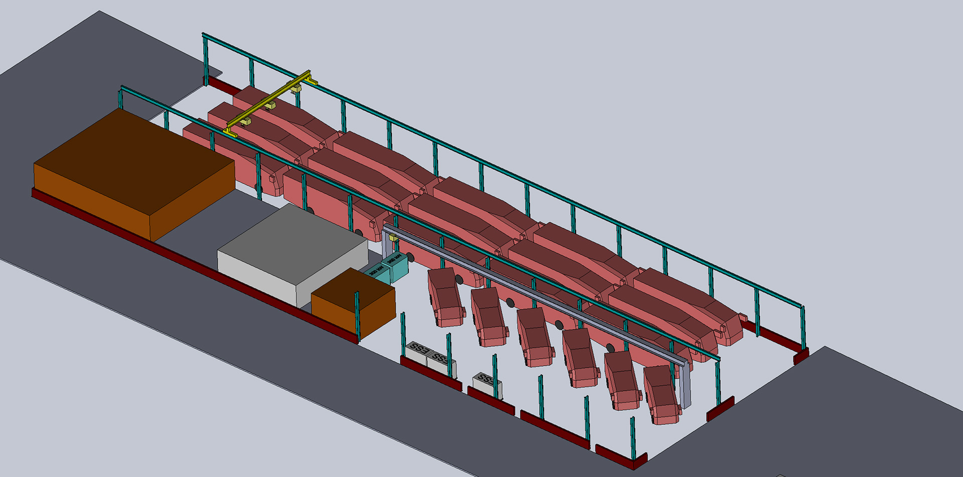 Isometric render of a bus depot with simplified shapes to represent buses and other critical components