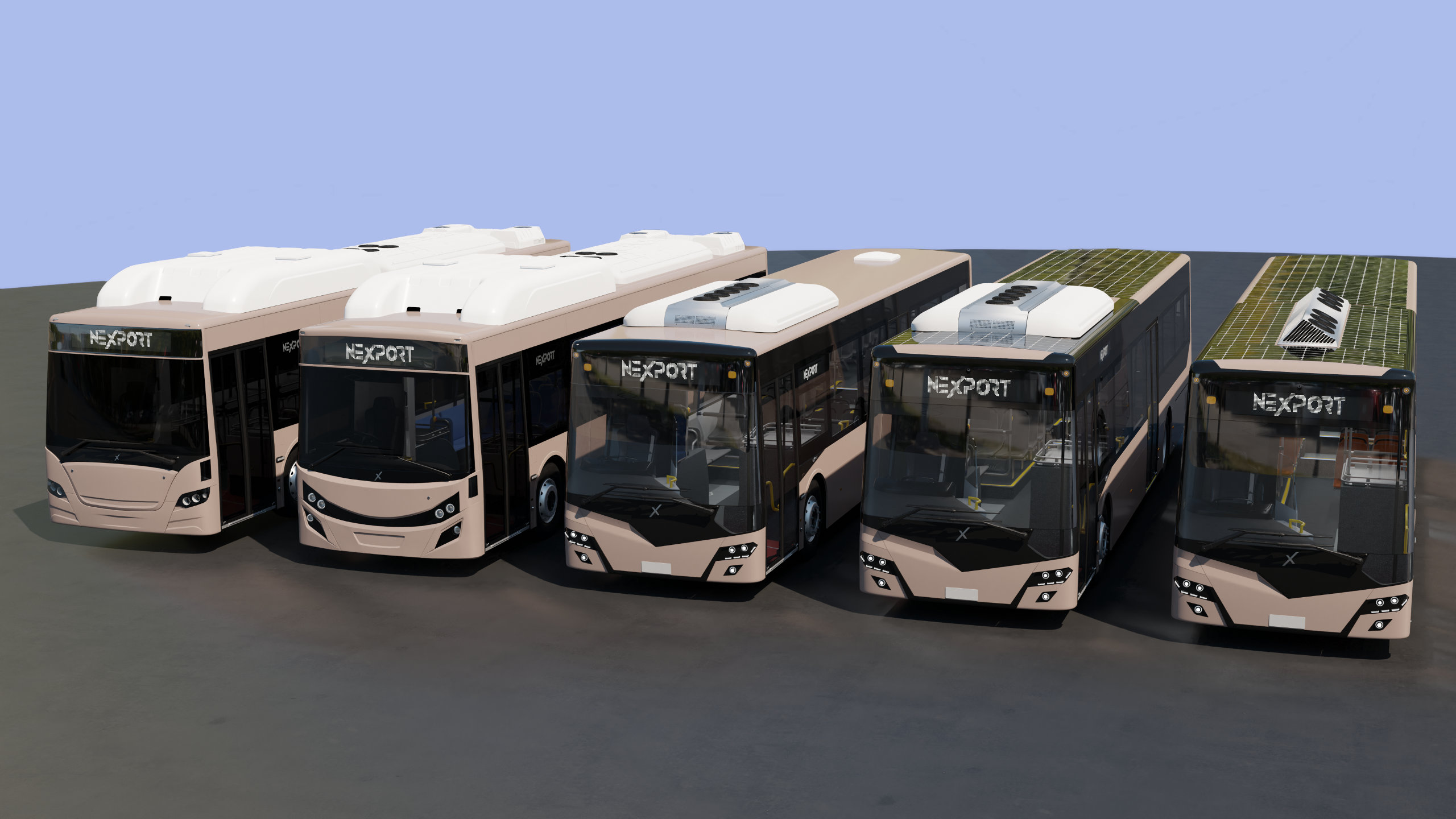 Row of five buses next to each other, showing a design evolution from left to right