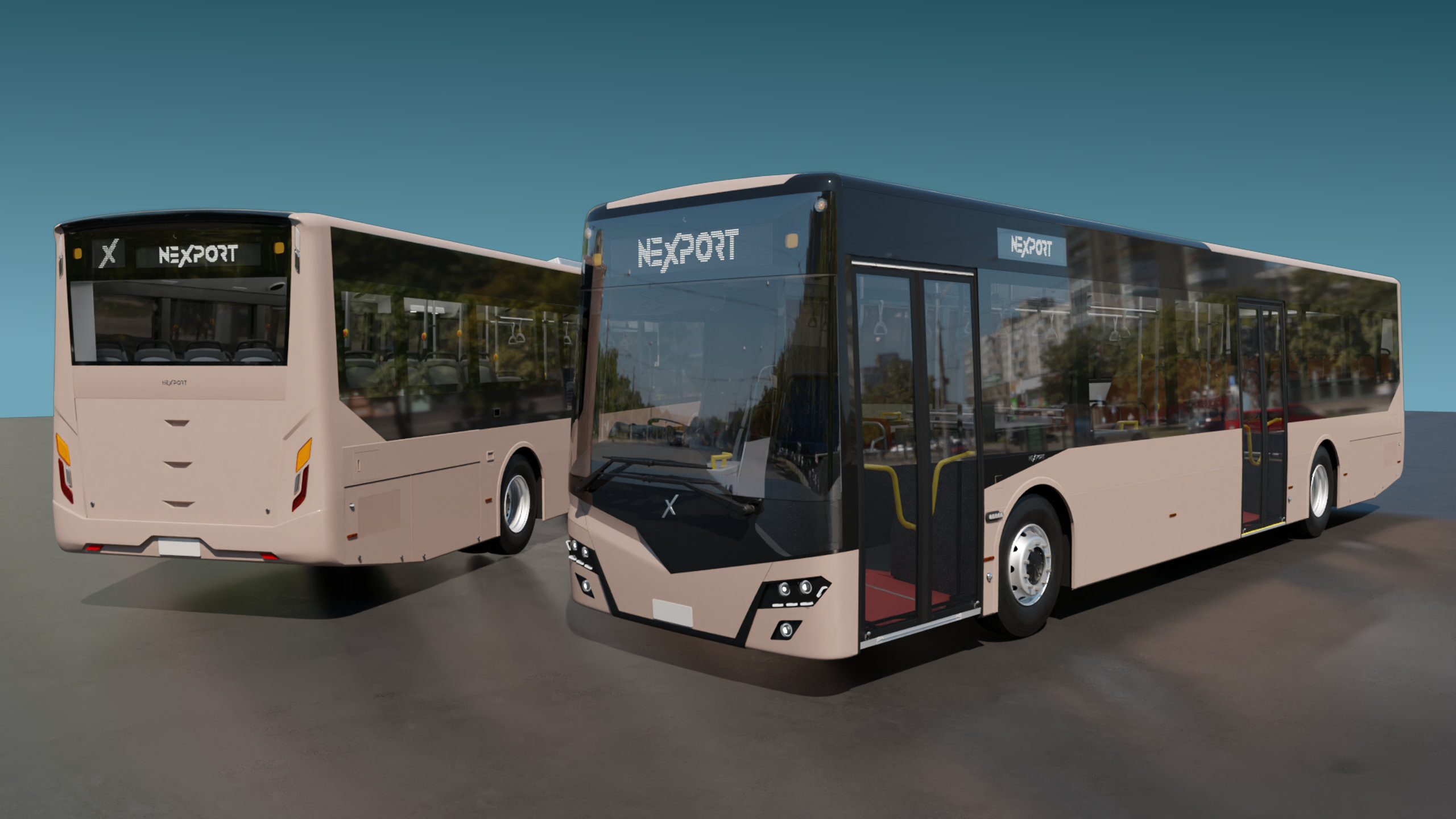 Exterior 3D render of another 12m bus, with another uit shown to the left with its rear visible to the viewer