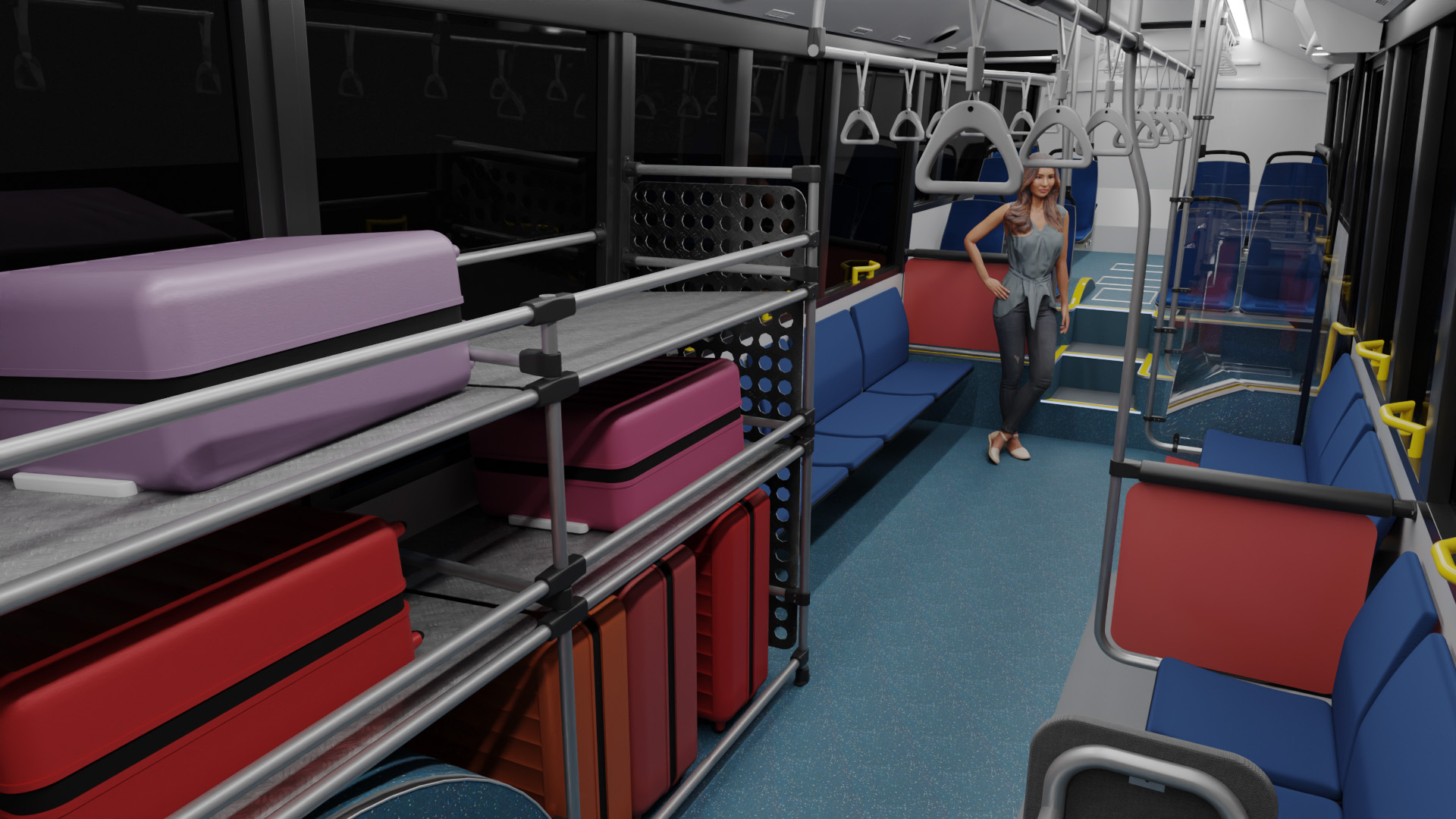 Interior 3D render of the bus shown above. It features luggage racks and sideways mounted seats