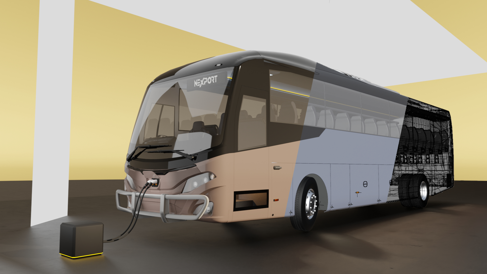 front three quarter rendered view of a 12m coach on a yellow background, with more basic render styles visible towards the right