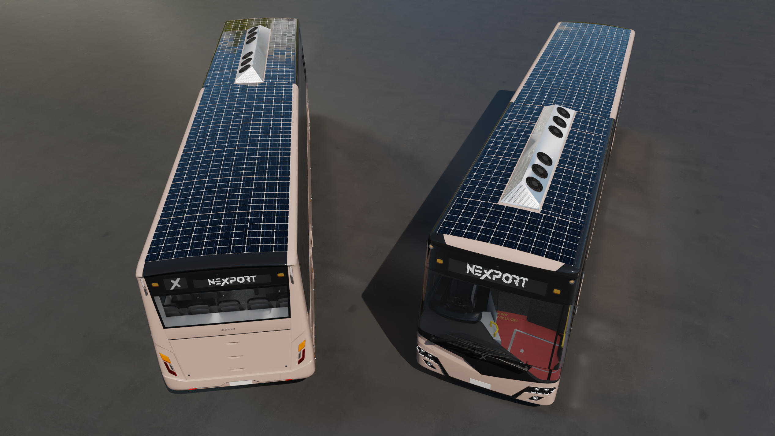 3D render of a bus with solar panels fitted, surrounding the smaller than standard custom AC unit.