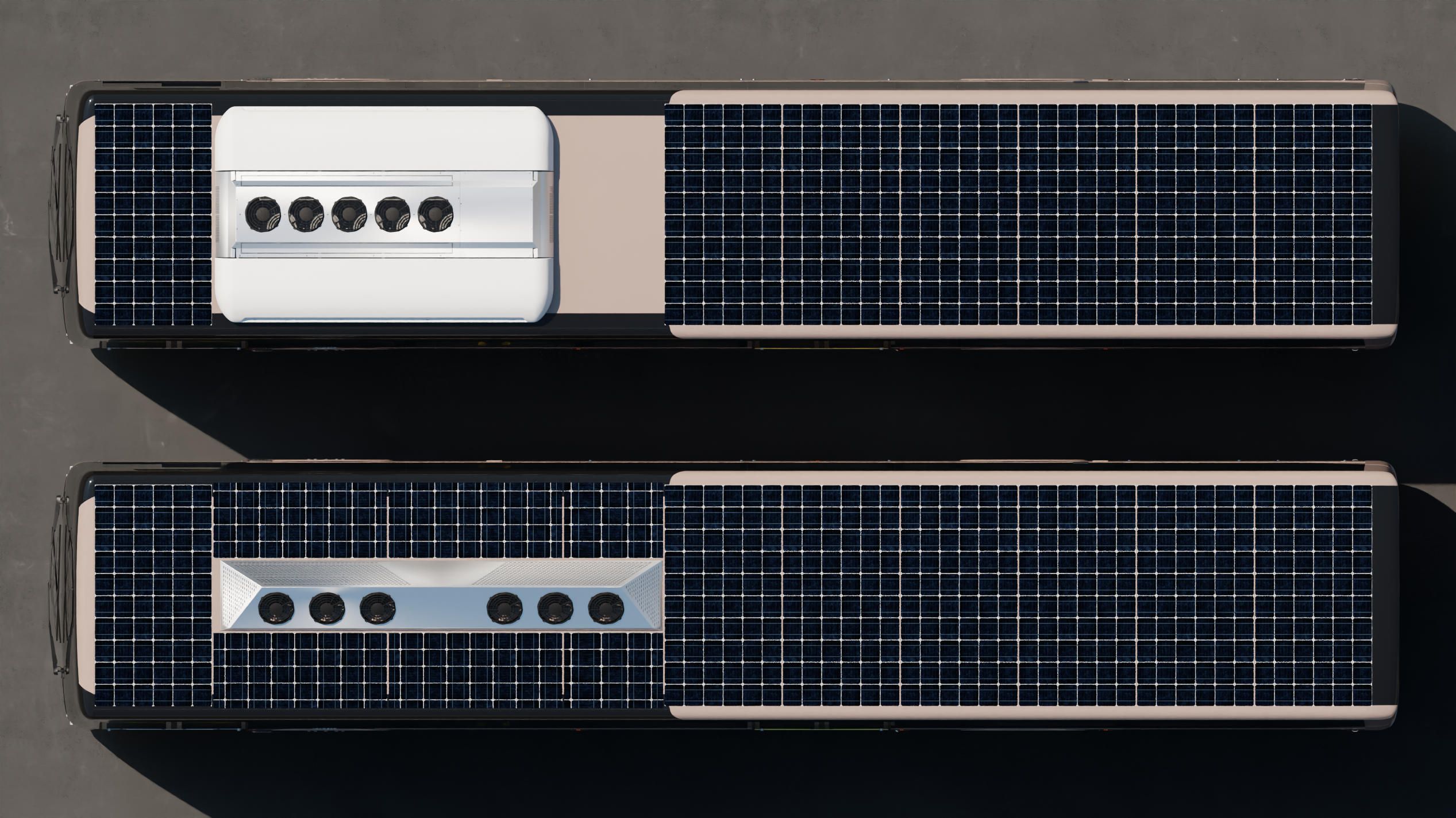 3D render offering a top-down comparison of bus roofs with a regular AC (top) and smaller AC (bottom). It is clear the bottom bus can fit more PV panels.