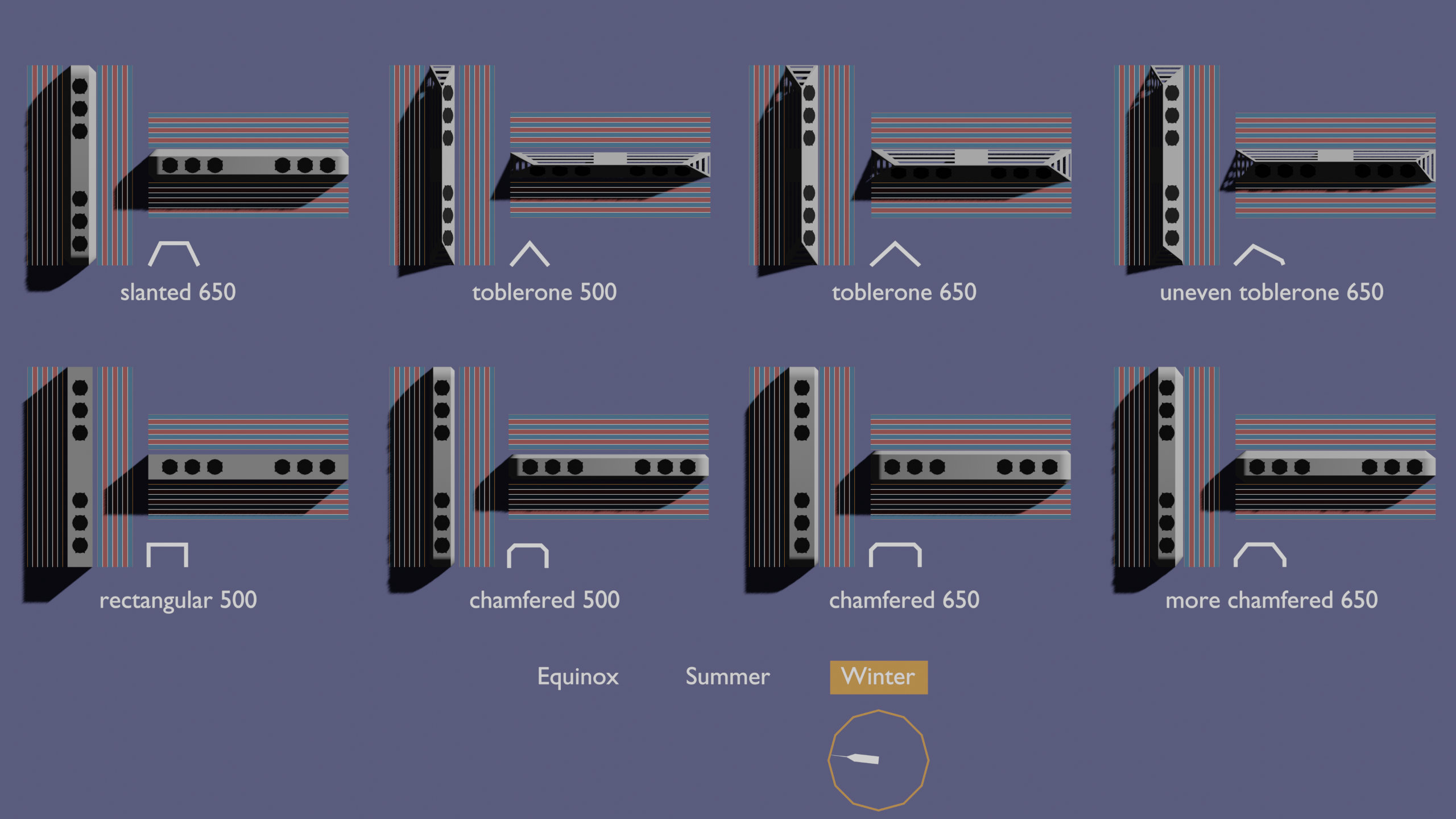 3D render of 8 different shapes for the custom AC packaging, varying between a rectangular to a triangular cross-section.